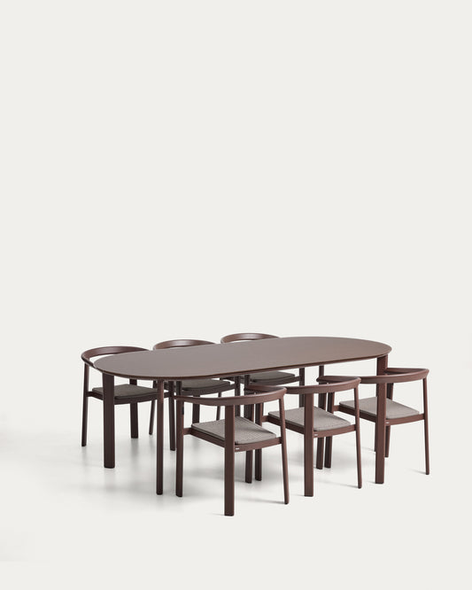 Ensemble Erice de 6 chaises empilables en aluminium et corde et d’une table en aluminium et verre trempé marron 230 x 100 cm