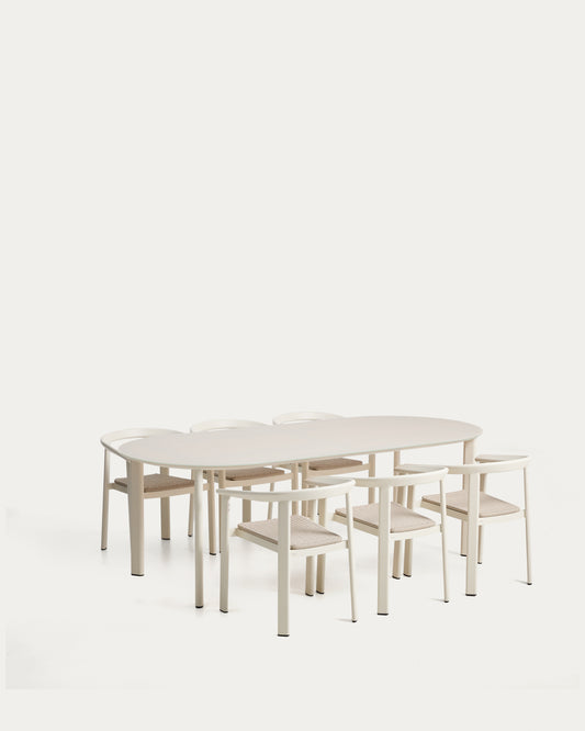 Ensemble Erice de 6 chaises empilables en aluminium et corde et d’une table en aluminium et verre trempé écru 230 x 100 cm