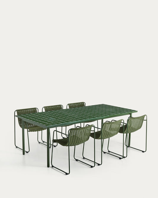 Ensemble Maurina table en acier galvanisé et céramique verte et 6 chaises empilables en acier galvanisé et corde verte 223 x 101 cm