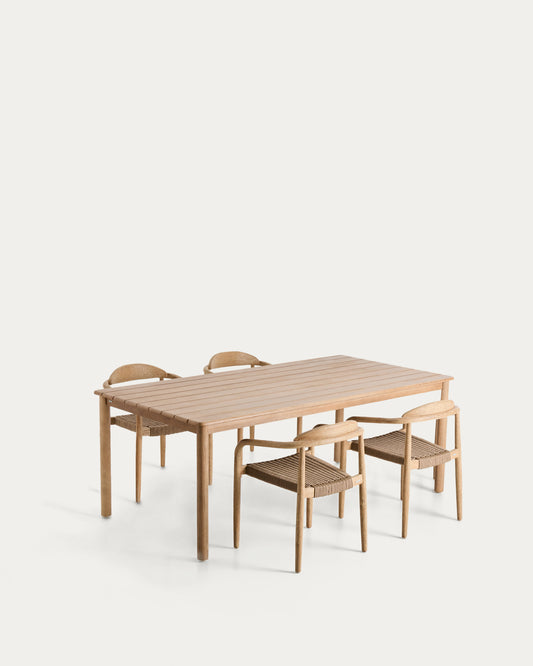 Ensemble table Sori en bois d’acacia et 4 chaises empilables Nina en bois d’acacia et corde beige 200 x 100 cm FSC 100 %