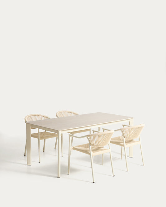Ensemble table Anafi en pierre frittée et aluminium écru 180 x 90 cm et 4 chaises Livadia en aluminium écru
