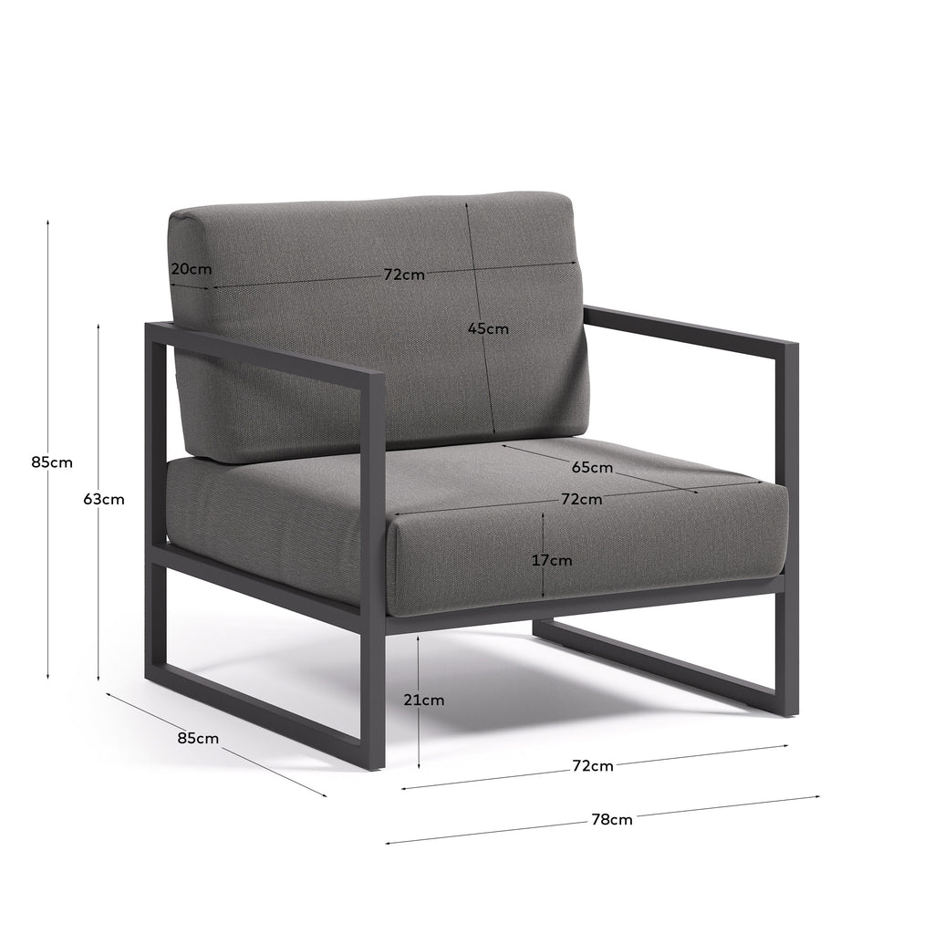 Fauteuil Comova gris foncé 100 % pour extérieur en aluminium noir