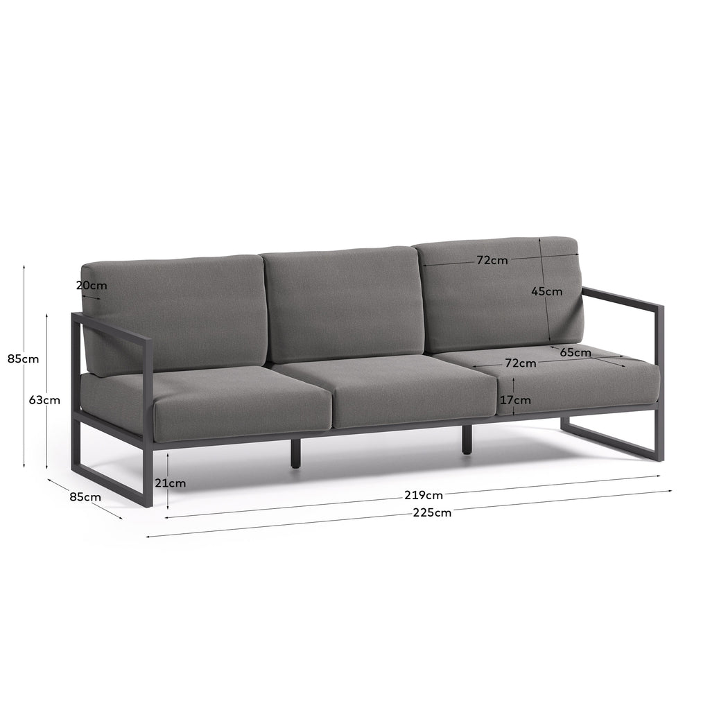 Canapé Comova 3 places 100 % pour extérieur gris foncé et aluminium noir 222 cm