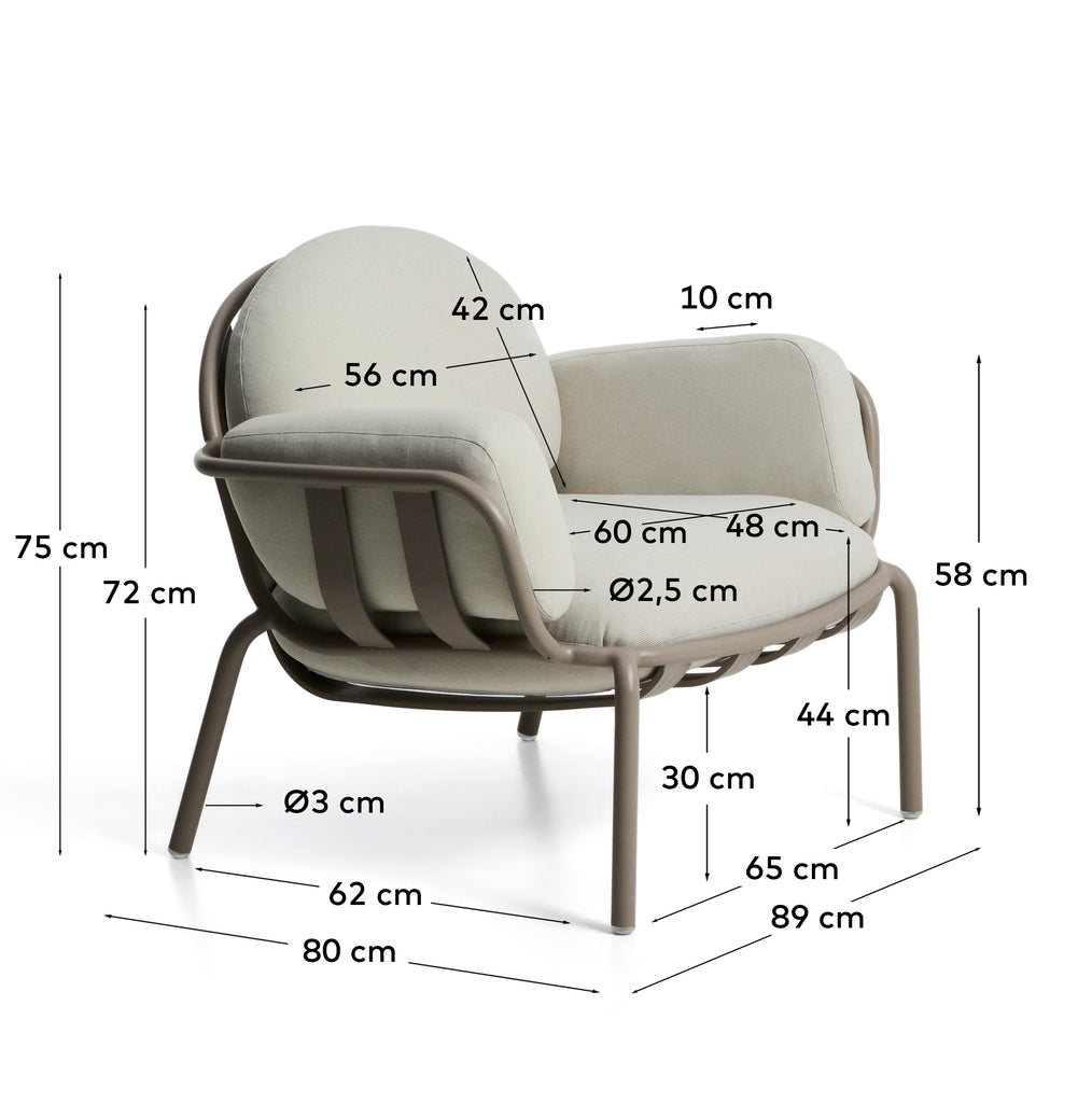 Fauteuil d’extérieur Joncols en aluminium avec finition peinte taupe et coussins beiges