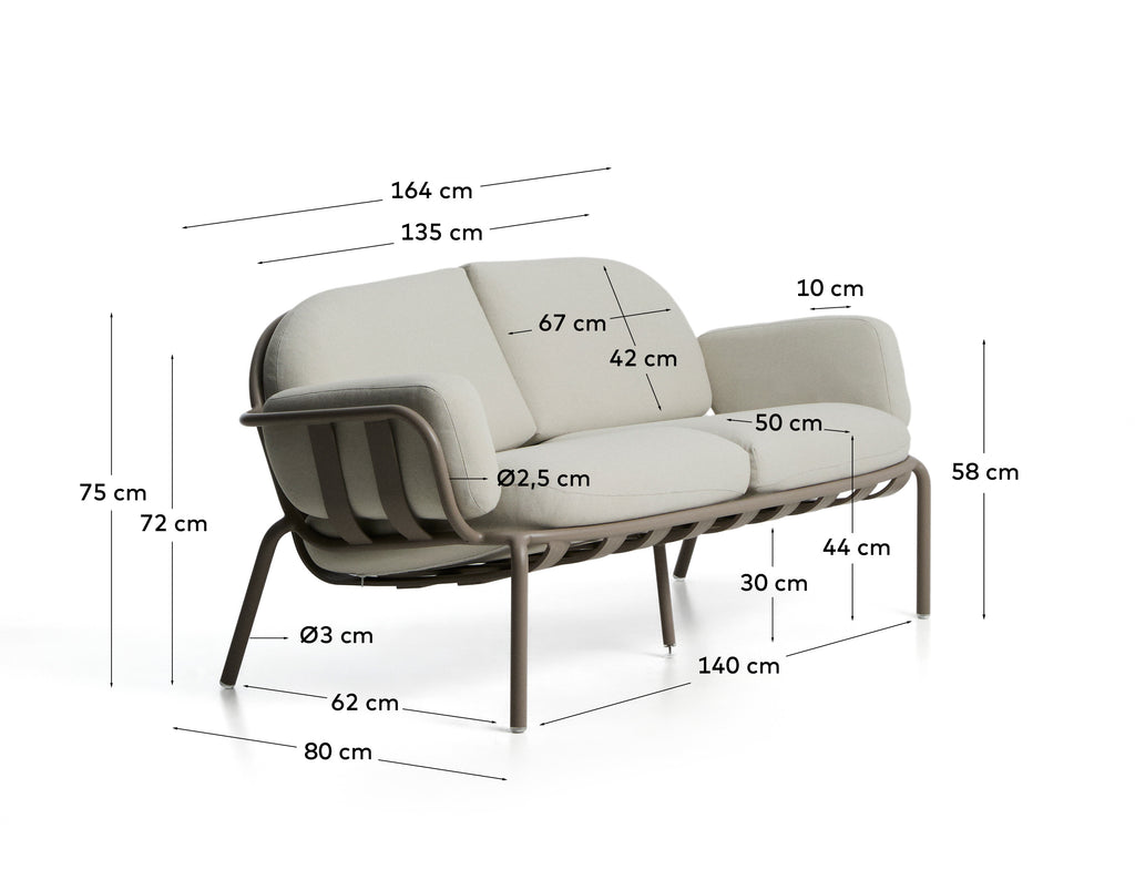 Canapé d’extérieur Joncols 2 places en aluminium avec finition peinte taupe et coussins beiges 164 cm