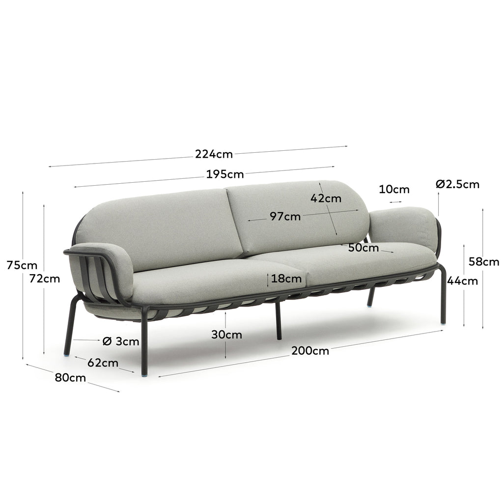 Joncols outdoor aluminium 3 seater sofa with powder coated grey finish, 225 cm