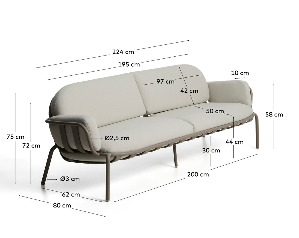 Canapé d’extérieur Joncols 3 places en aluminium avec finition peinte taupe et coussins beiges 224 cm