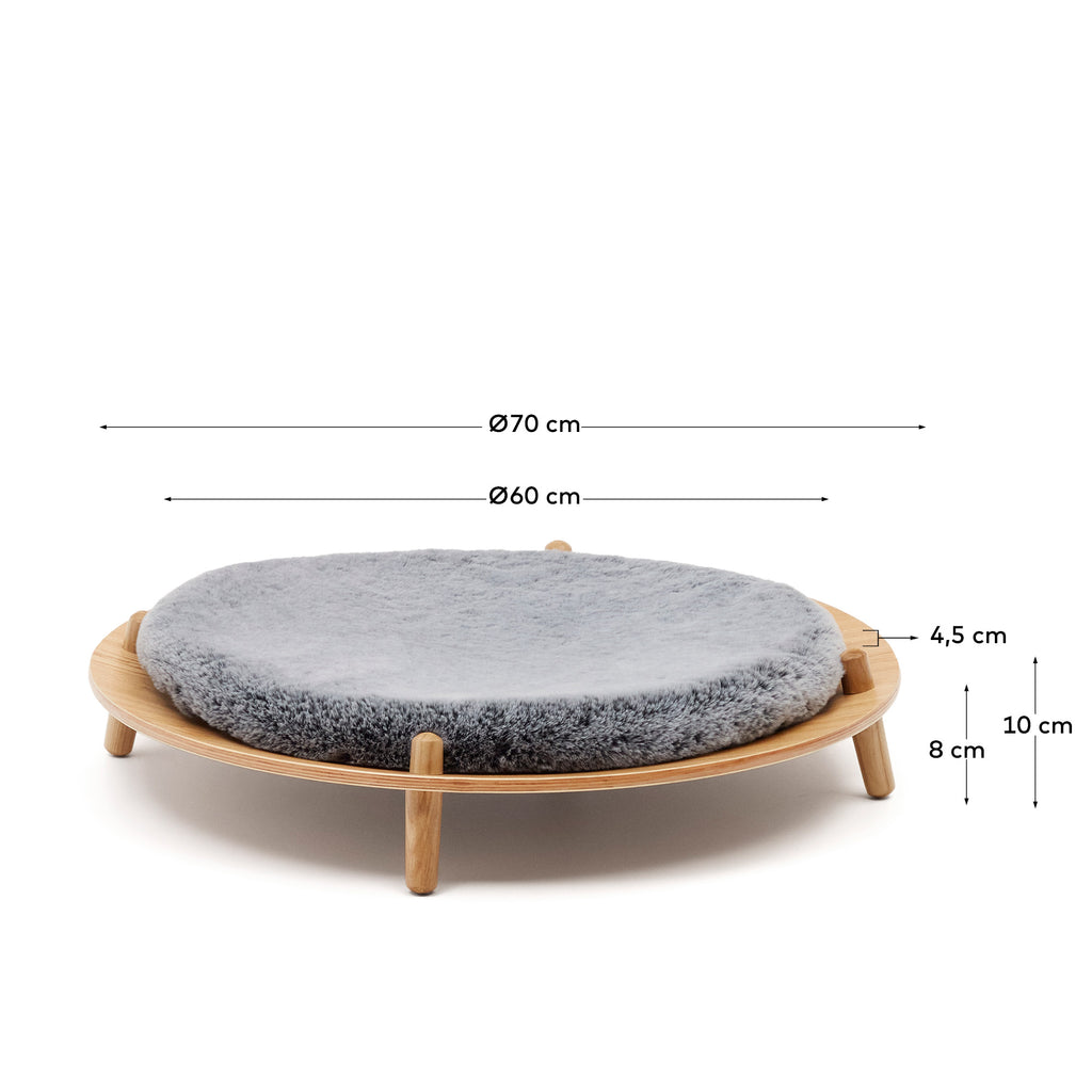 Lit pour animal de compagnie  Bunola en bois  contre-plaqué de frêne et coussin poil gris  Ø 70 cm