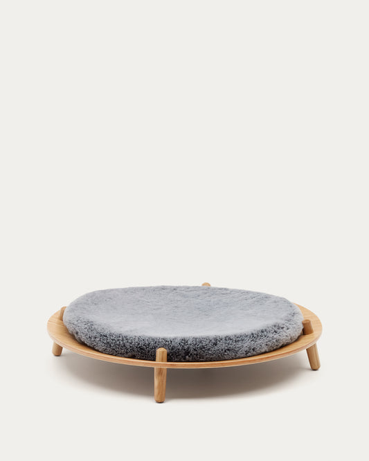 Lit pour animal de compagnie  Bunola en bois  contre-plaqué de frêne et coussin poil gris  Ø 70 cm