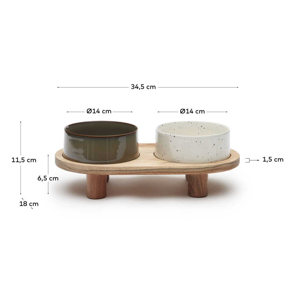 Dumbi set of 2 pet food and water bowls with support in white and brown Ø 14 cm FSC 100%