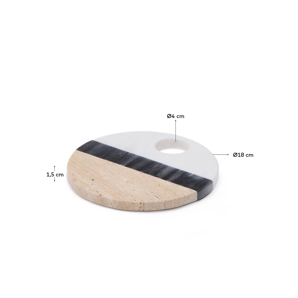Planche de service ronde Nivol en marbre blanc et noir et travertin