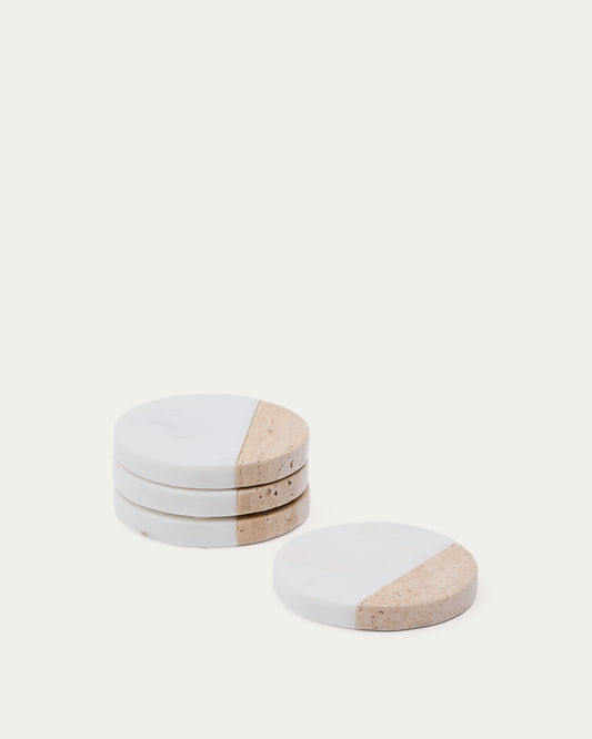 Ensemble de 4 sous-verres Nivol en marbre blanc et noir et travertin