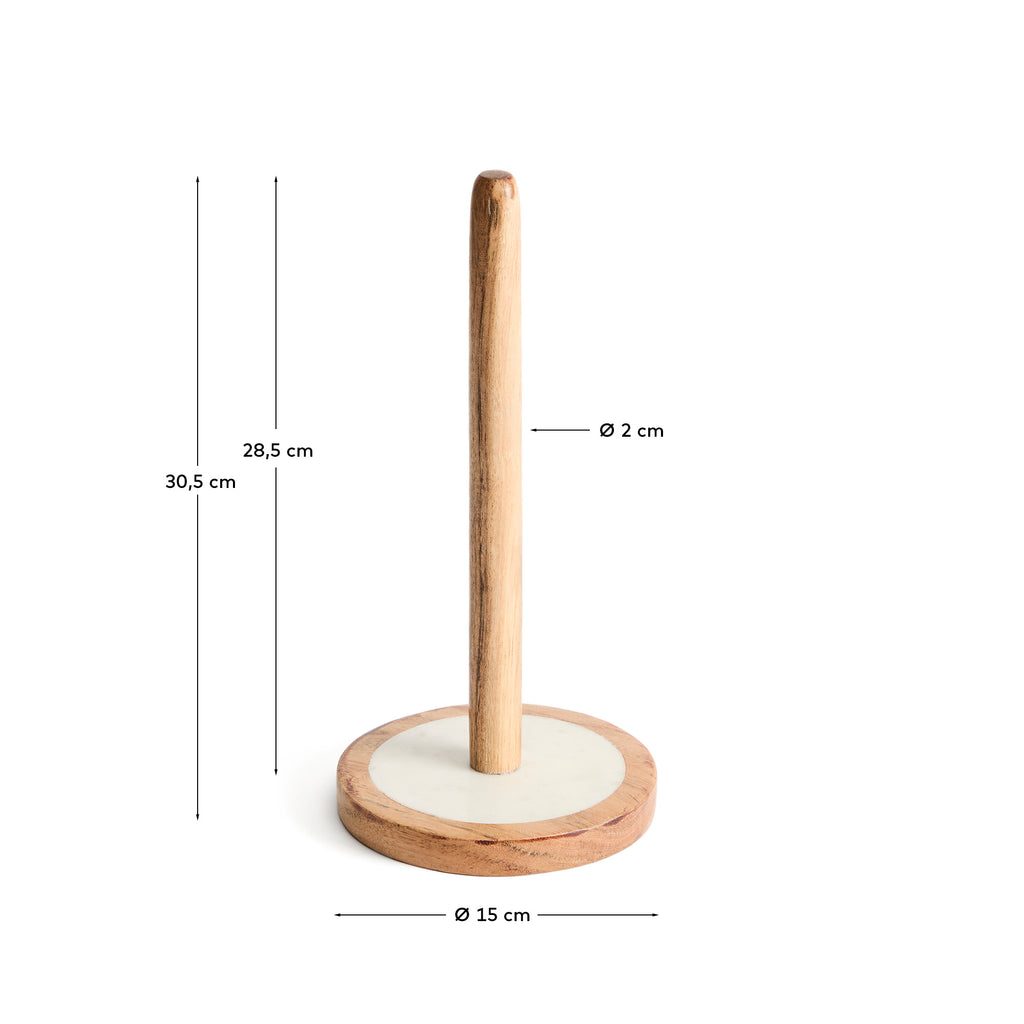 Nuvir kitchen roll holder in white marble and solid acacia wood