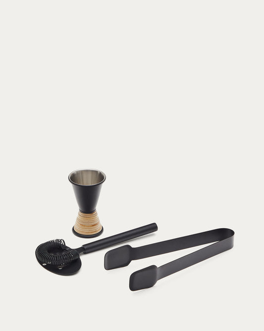 Set Shai d'ustensiles de cocktail en acier inoxydable noir et rotin