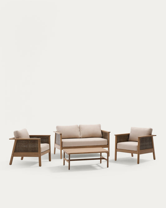 Ensemble Alabe composé d’un canapé 2 places, de 2 fauteuils et d’une table basse en bois d’acacia FSC 100 %