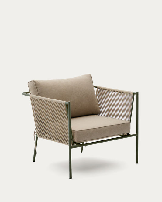 Fauteuil d’extérieur Zivia en corde écrue et acier galvanisé vert