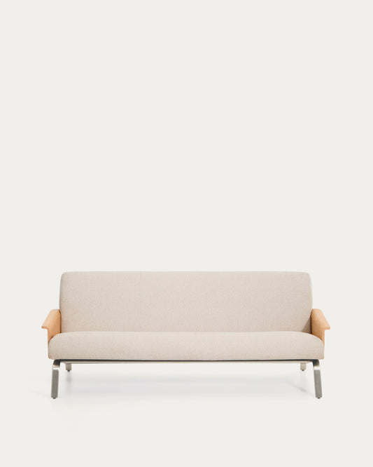 Canapé Amsen en chenille beige de 3 places en contreplaqué de chêne avec pieds en acier inoxydable brossé 205 cm