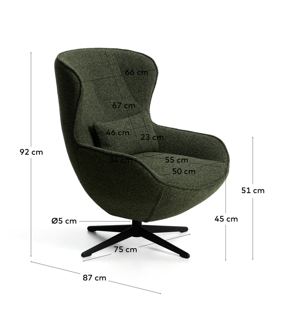 Fauteuil pivotant Sorile en chenille vert foncé et acier avec finition noire FSC 100 %