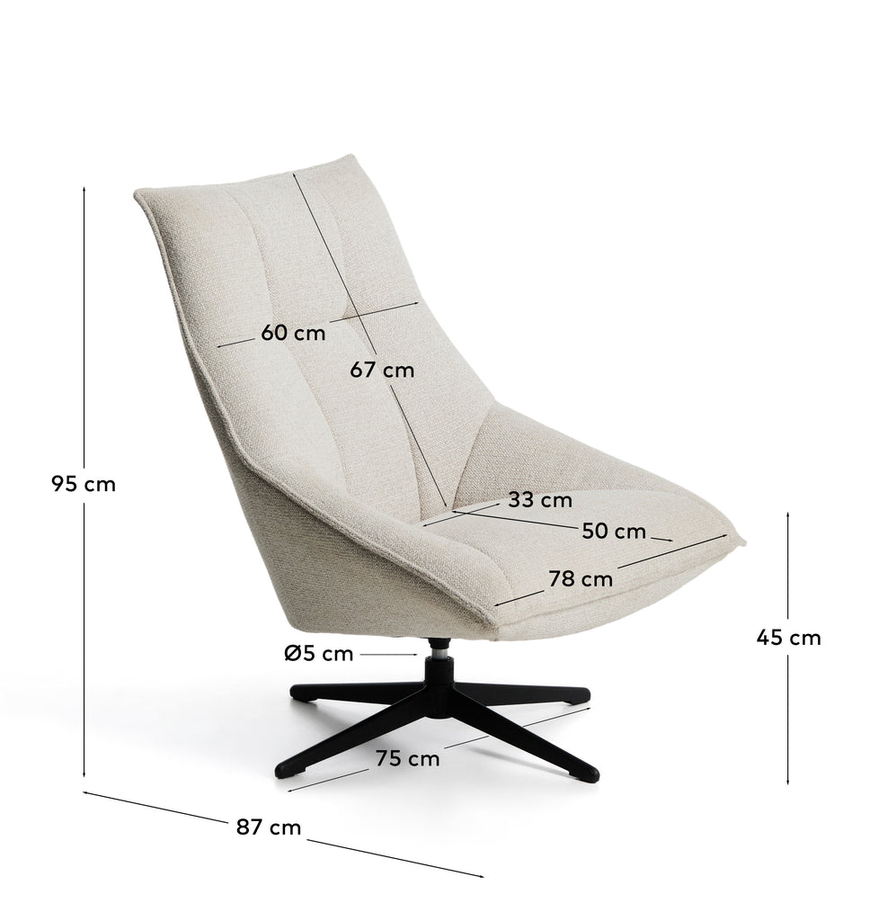 Fauteuil pivotant Dirala en chenille beige et acier avec finition noire FSC 100 %