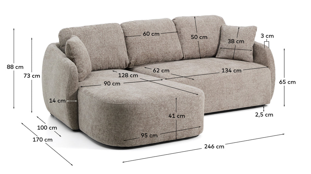 Canapé-lit Laira 3 places en chenille avec méridienne gauche taupe 246 cm FSC Mix Credit