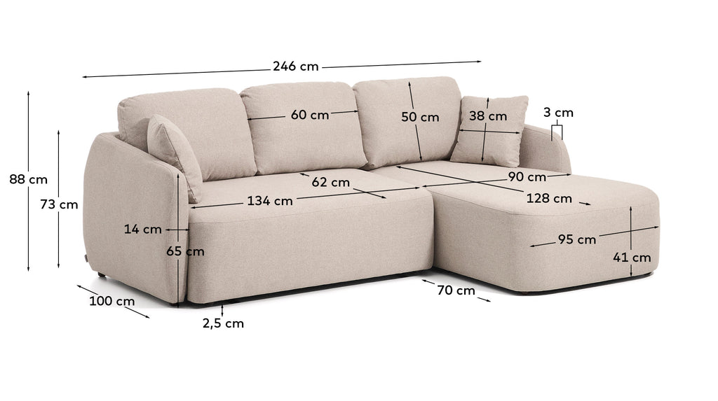 Canapé-lit Laira 3 places en chenille avec méridienne droite beige 246 cm FSC Mix Credit