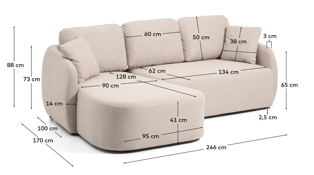 Canapé-lit Laira 3 places en chenille avec méridienne gauche beige 246 cm FSC Mix Credit