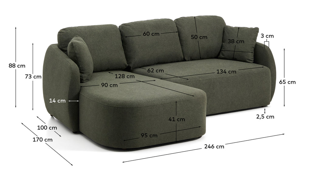 Canapé-lit Laira 3 places en chenille avec méridienne gauche vert foncé 246 cm FSC Mix Credit