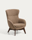 Adiran armchair in light brown thick chenille with solid oak wood legs with a walnut finish