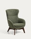 Adiran armchair in moss green thick chenille with solid oak wood legs with a walnut finish
