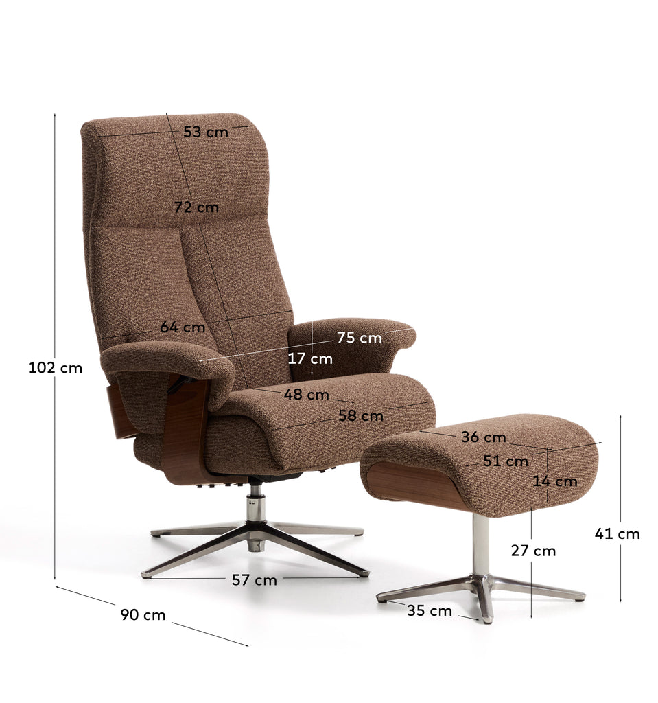 Fauteuil pivotant inclinable avec repose-pieds Toriel en micro-bouclette marron chocolat et pieds en aluminium FSC Mix Credit
