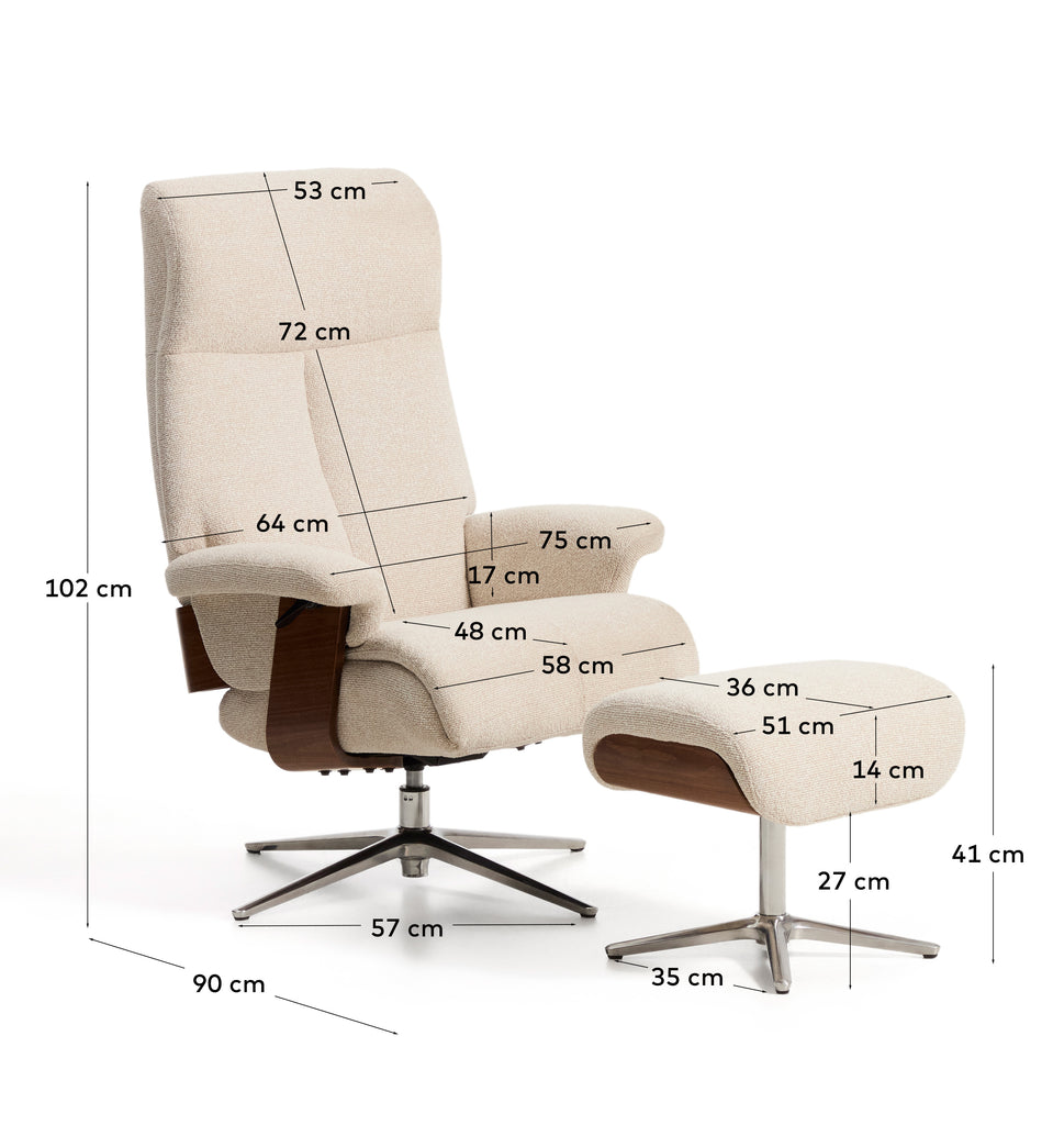 Toriel beige micro bouclé reclining swivel armchair with footrest and aluminium legs FSC Mix Credit