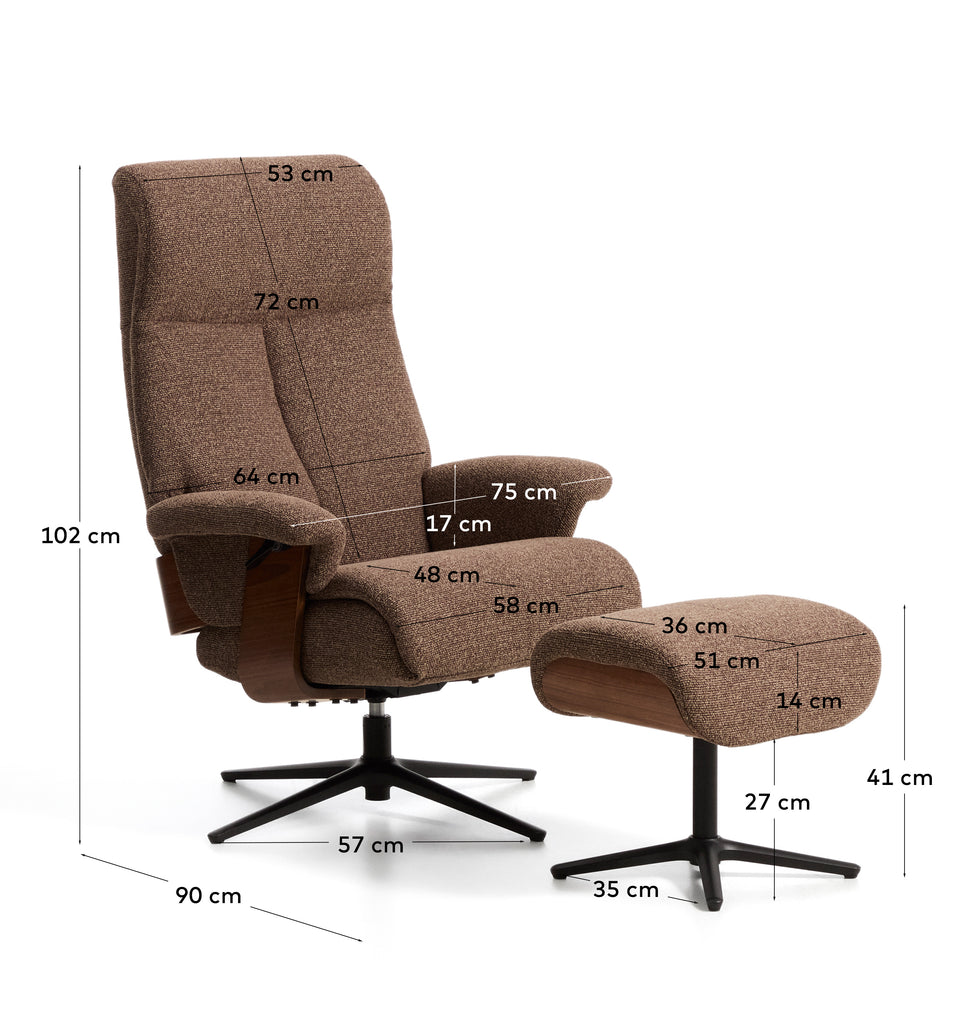 Fauteuil pivotant inclinable avec repose-pieds Toriel en micro-bouclette marron chocolat et pieds en aluminium avec finition noire FSC Mix Credit