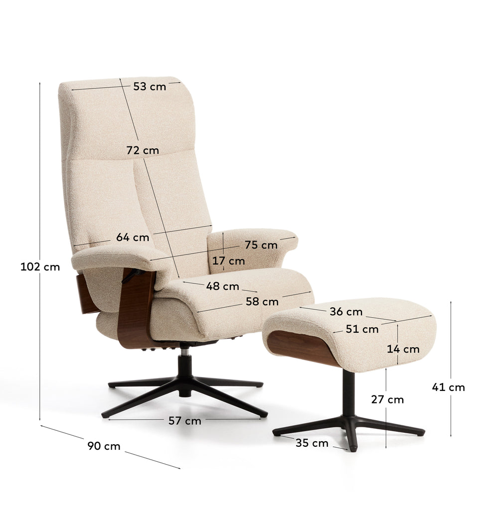 Fauteuil pivotant inclinable avec repose-pieds Toriel en micro-bouclette beige et pieds en aluminium avec finition noire FSC Mix Credit