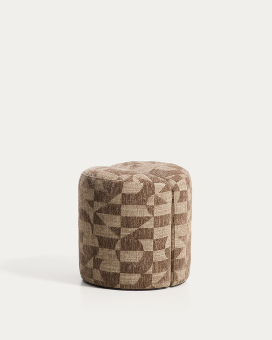 Repose-pied Nedilo rond en tissu jacquard géométrique taupe FSC Mix Credit
