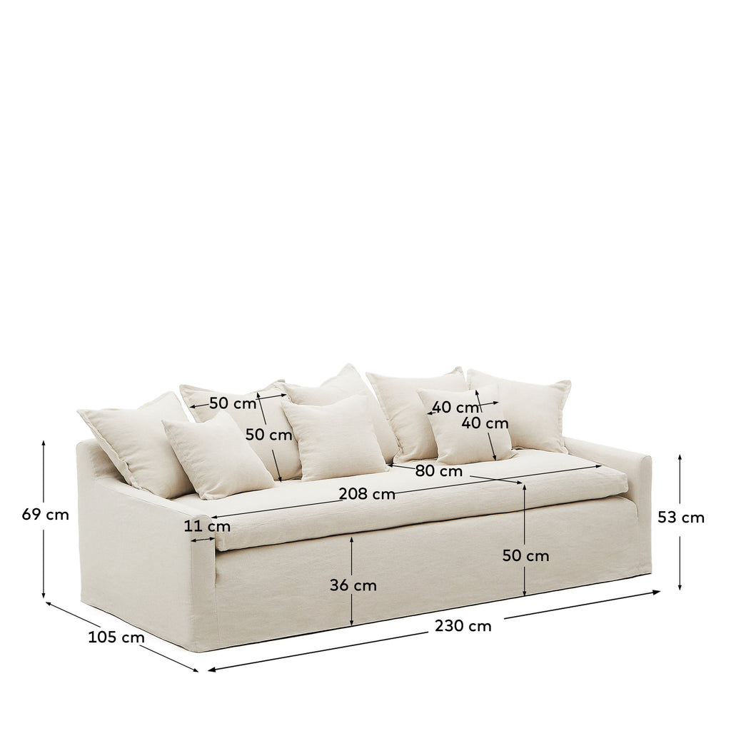 Canapé déhoussable Zenira 3 places avec coussins en coton et lin beige 230 cm