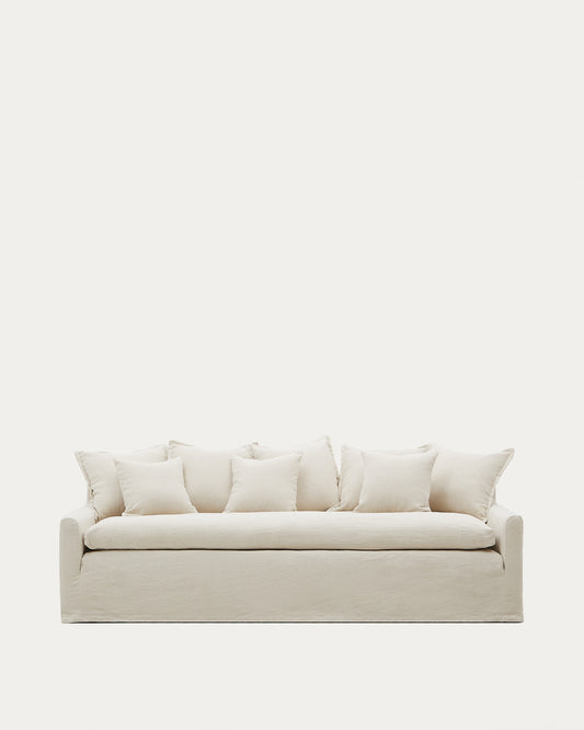 Canapé déhoussable Zenira 3 places avec coussins en coton et lin beige 230 cm