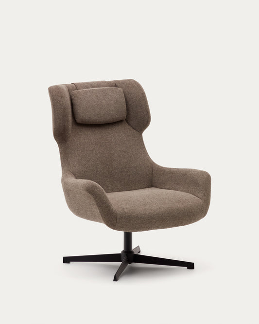 Fauteuil giratoire avec accoudoirs Zalina en chenille marron clair et acier avec finition noire FSC 100%