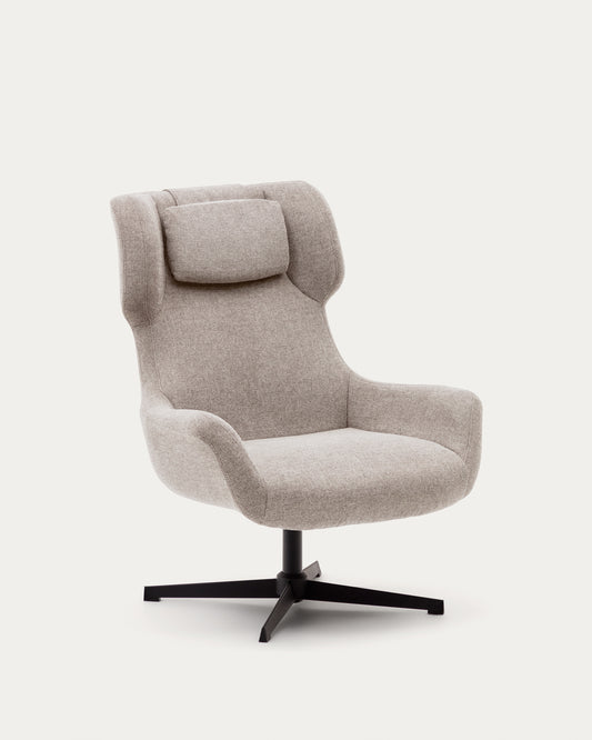 Fauteuil giratoire avec accoudoirs Zalina en chenille beige et acier avec finition noire FSC 100%