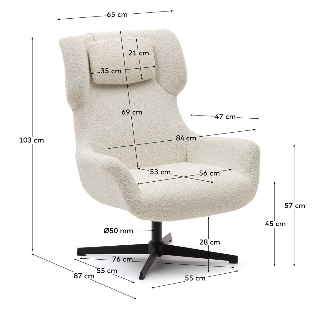 Fauteuil giratoire avec accoudoirs Zalina en bouclette blanche et acier avec finition noire FSC 100%