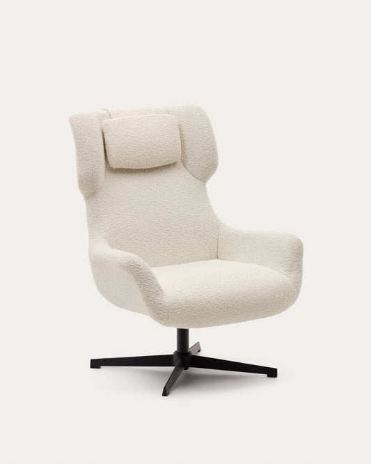 Fauteuil giratoire avec accoudoirs Zalina en bouclette blanche et acier avec finition noire FSC 100%