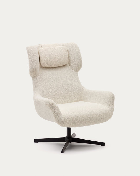 Fauteuil giratoire avec accoudoirs Zalina en bouclette blanche et acier avec finition noire FSC 100%