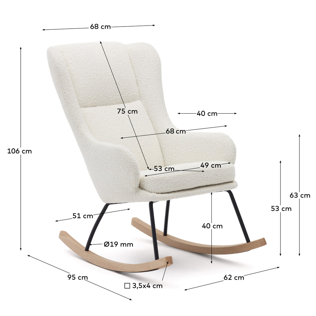 Fauteuil à bascule Maustin en bouclette blanc et structure en acier noir et bois de hêtre