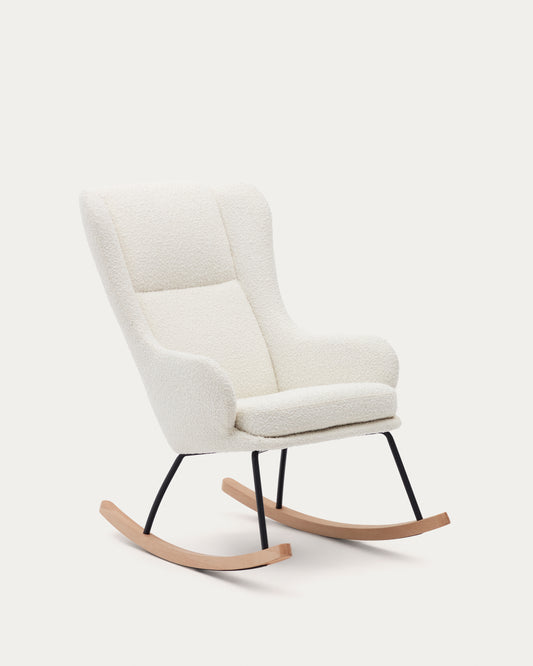 Fauteuil à bascule Maustin en bouclette blanc et structure en acier noir et bois de hêtre