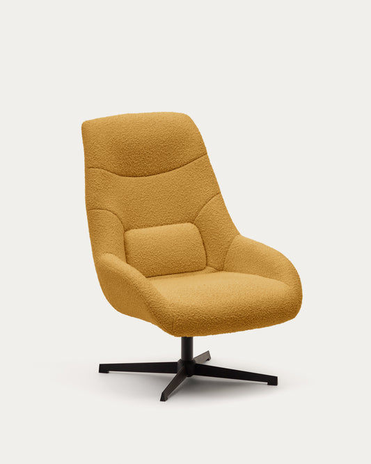 Fauteuil giratoire Celida en bouclette moutarde et acier avec finition noire FSC 100%