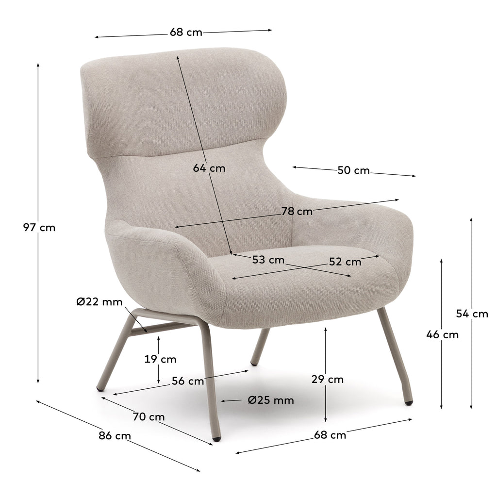 Belina chenille armchair in beige and steel with beige finish FSC 100%