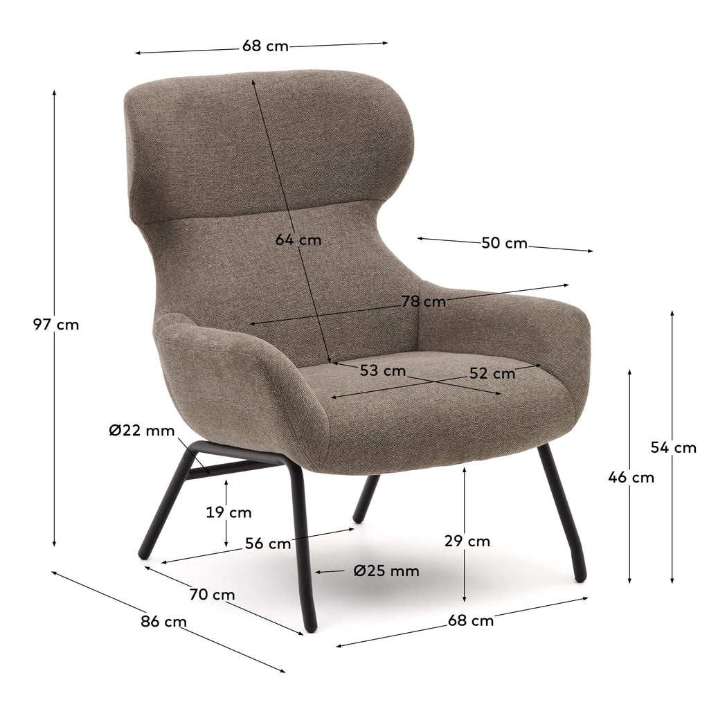 Belina chenille armchair in light brown and steel with black finish FSC 100%