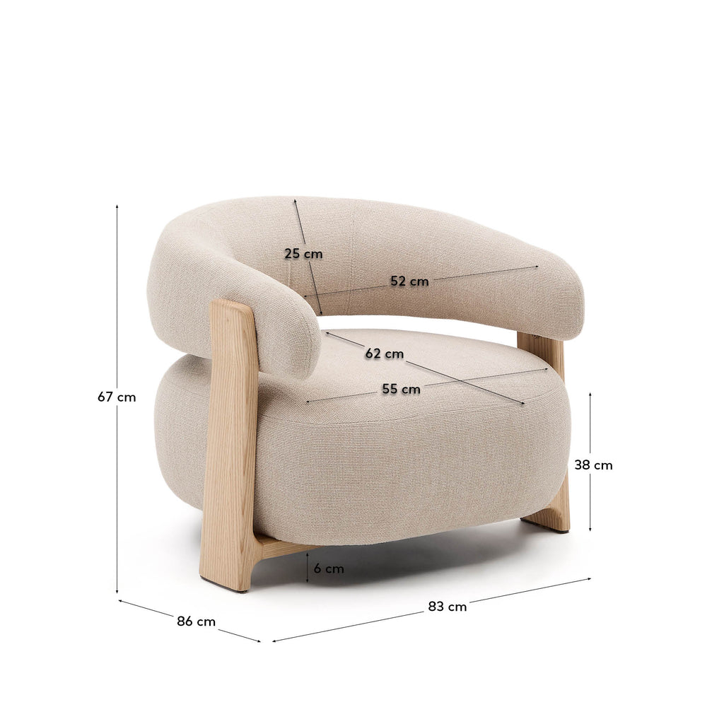 Fauteuil Granite version ignifugée en chenille beige et bois de frêne avec finition ton naturel FSC 100 %