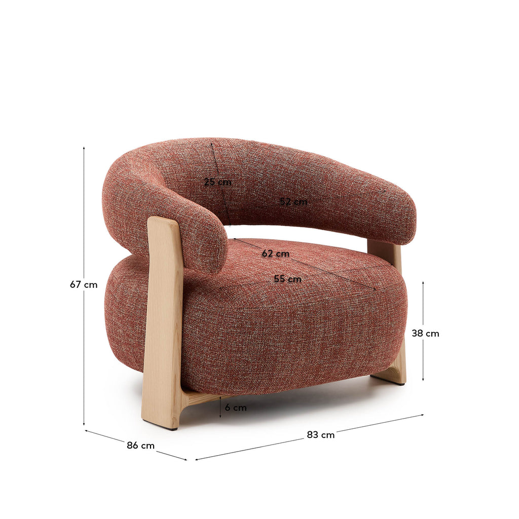 Fauteuil Granite version ignifugée en chenille terracotta et bois de frêne avec finition ton naturel FSC 100 %
