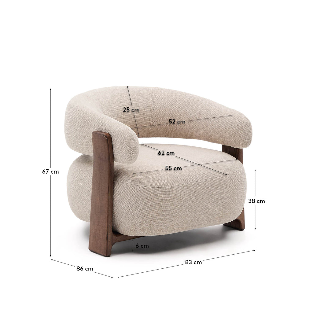 Fauteuil Granite version ignifugée en chenille beige et bois de frêne avec finition ton noyer FSC 100 %
