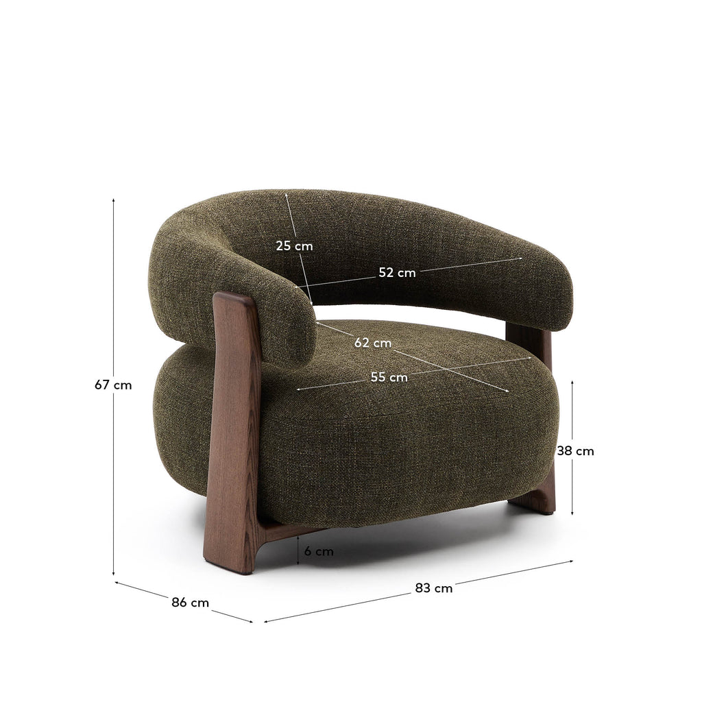 Fauteuil Granite version ignifugée en chenille verte et bois de frêne avec finition ton noyer FSC 100 %